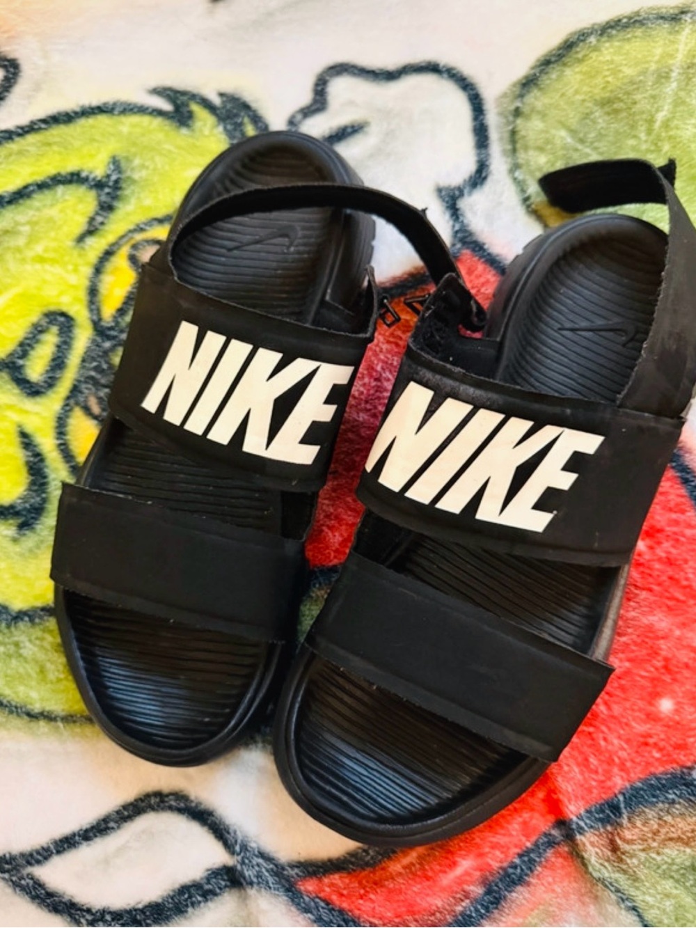 Nike Black Youth Logo Strap Sandals with White Branding